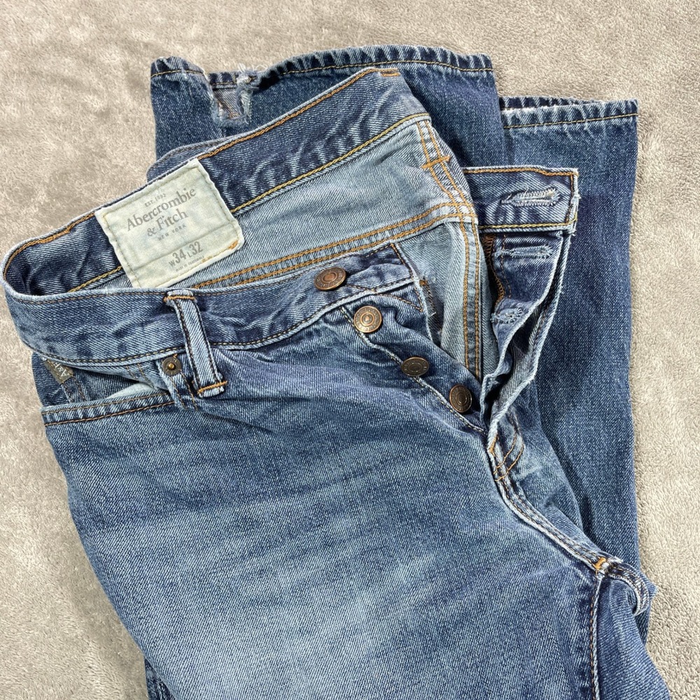 Abercrombie & Fitch Jeans Women 34x32 Blue Button Fly Straight Leg Distressed‎